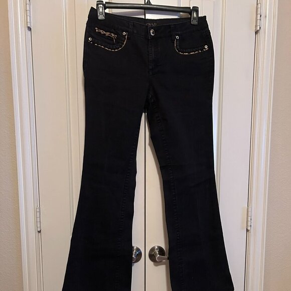 Women's Black Jeans w/Animal Print Trim in Size 10 by Cache - Picture 1 of 6